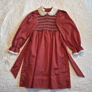 Polly Flinders girls size 8 brick red hand smocked Vintage dress eyelet trim